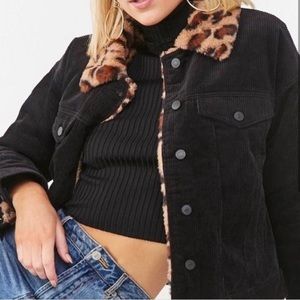 Leopard fur collared black corduroy jacket